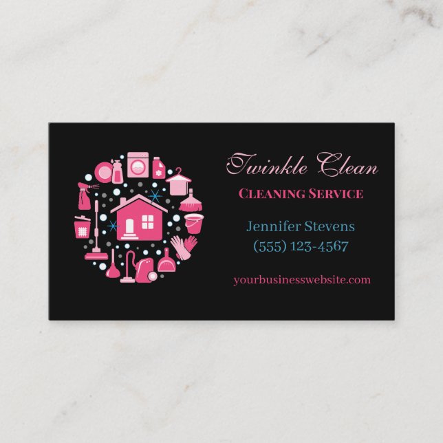 Black & Pink Supplies House Cleaning Service Business Card (Front)