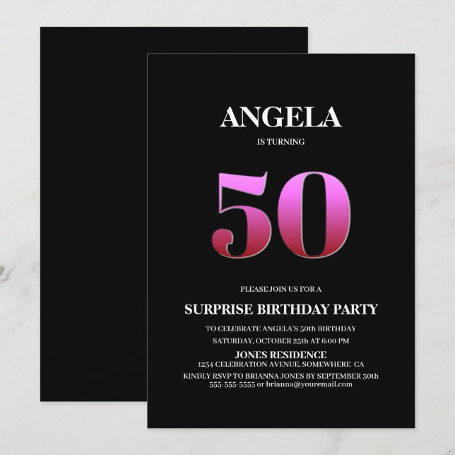 Black Pink Surprise 50th Birthday Invitation (Front/Back)