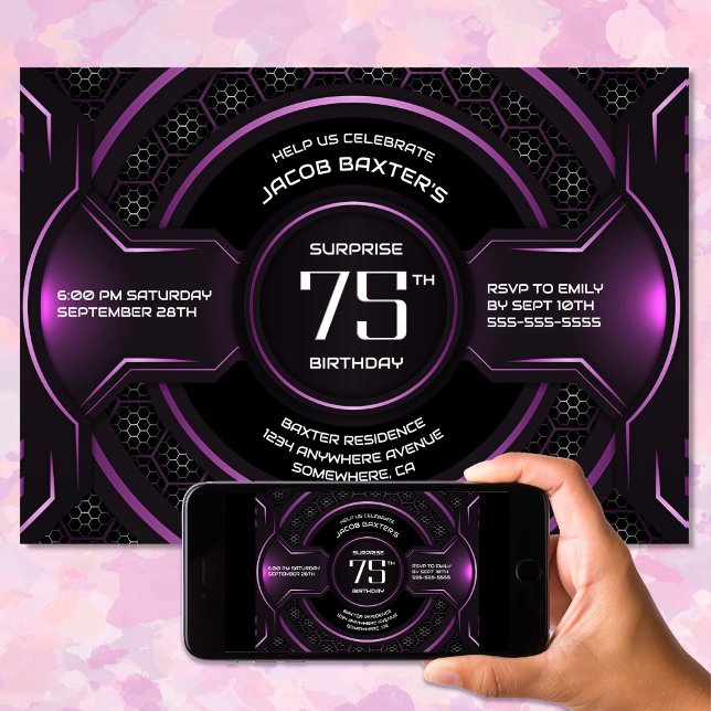 Black Pink Surprise 75th Birthday Party Invitation (Creator Uploaded)