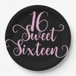 Black & Pink Sweet 16 Birthday Party Paper Plate