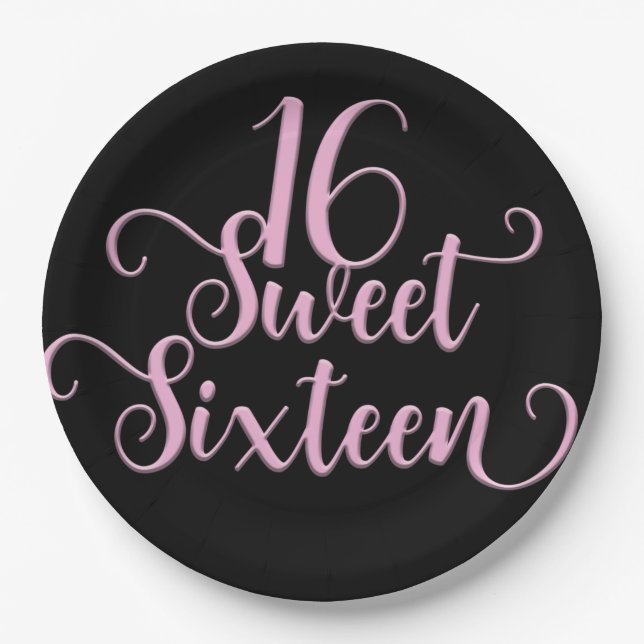 Black & Pink Sweet 16 Birthday Party Paper Plate (Front)