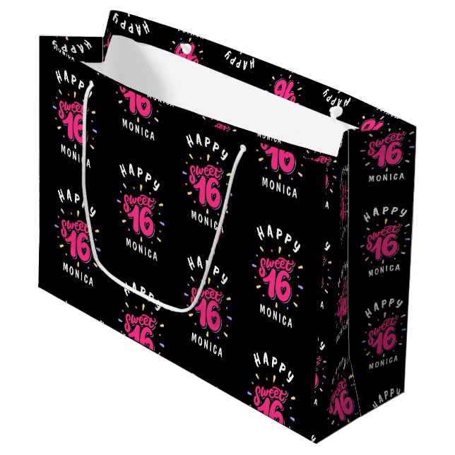 Black Pink Sweet 16 Personalised Birthday Large Gift Bag (Front Angled)