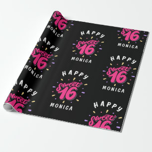 Black Pink Sweet 16 Personalised Birthday Wrapping Paper
