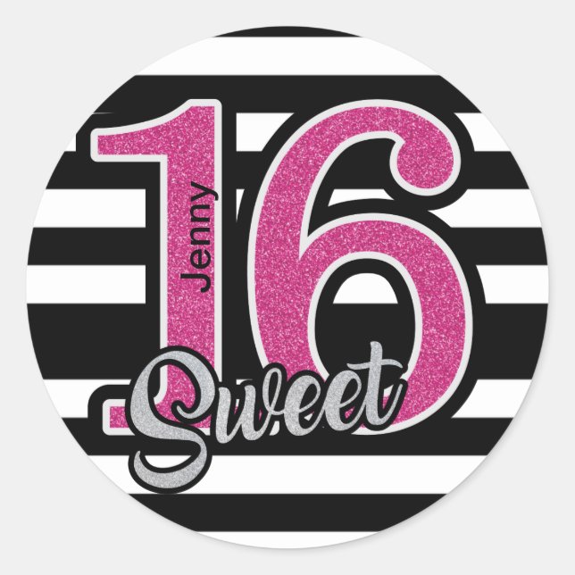 Black Pink Sweet 16 Personalised Classic Round Sticker (Front)