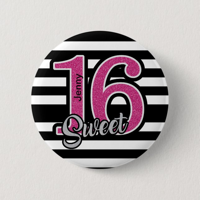 Black Pink Sweet 16 Personalized 6 Cm Round Badge (Front)