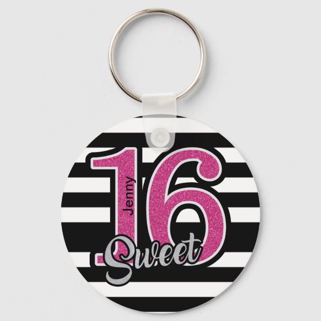 Black Pink Sweet 16 Personalized Key Ring (Front)