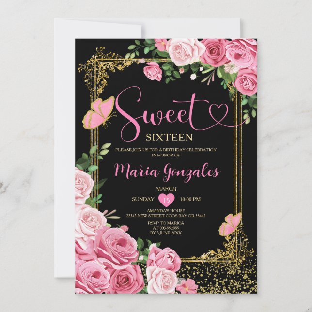 Black Pink Sweet Sixteen Gold 16th Girl Birthday Invitation (Front)