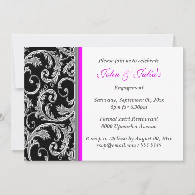 Black pink swirl engagement anniversary CUSTOM Invitation (Front)