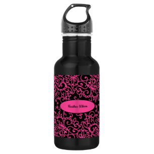 Black Pink Swirl Water Bottle with Name