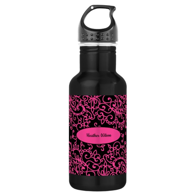 Black Pink Swirl Water Bottle with Name (Front)