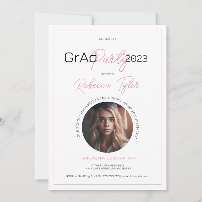 Black & Pink Text Grad Party Invite Custom Photo (Front)