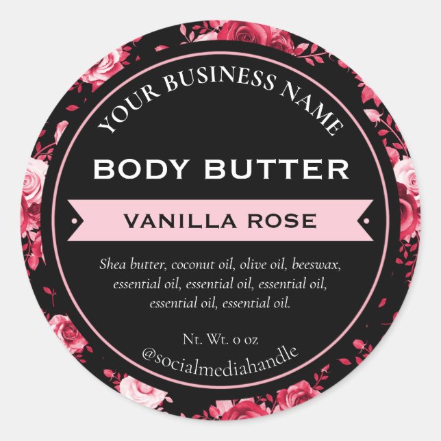 Black Pink Vanilla Rose Product Labels. Classic Round Sticker (Front)