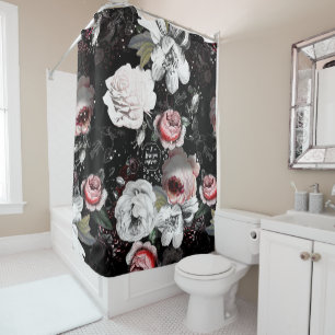 Black & Pink Victorian Rose Floral I Love You More Shower Curtain