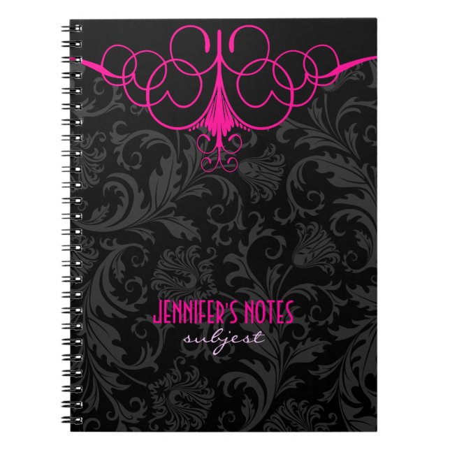 Black & Pink Vintage Damasks Notebook (Front)