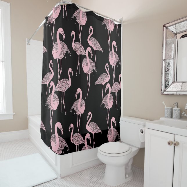 Black & Pink Vintage Deco Flamingo Shower Curtain (In Situ)