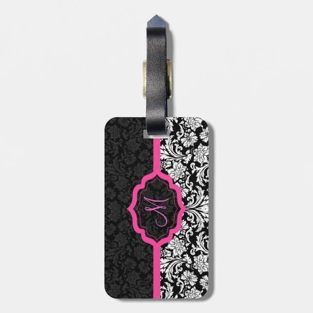 Black & Pink Vintage Floral Damasks Luggage Tag (Back Vertical)