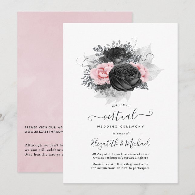 Black & Pink Vintage Roses Online Virtual Wedding Invitation (Front/Back)
