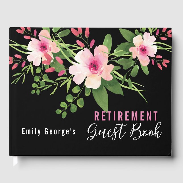 Black Pink Watercolor Floral  Retirement Party Guest Book (Front)