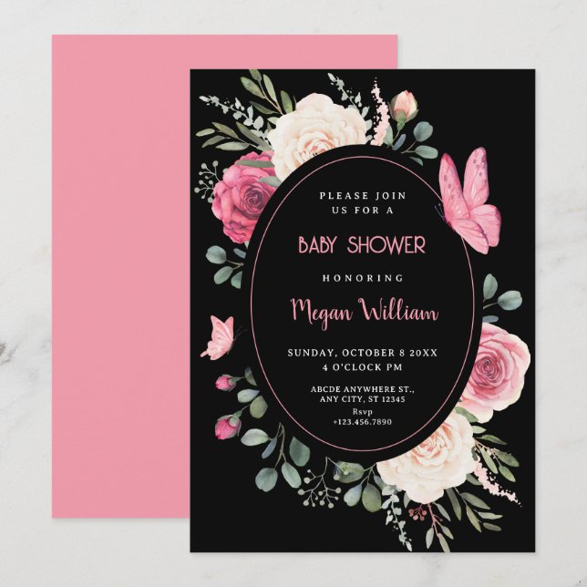 Black pink Watercolor Floral Roses baby shower Invitation (Front/Back)