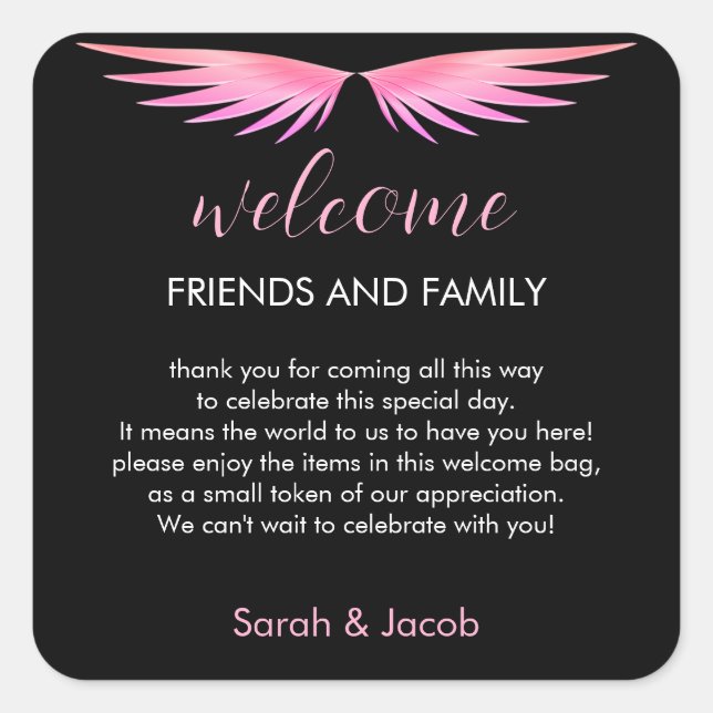Black Pink  Wedding Welcome  Square Sticker (Front)