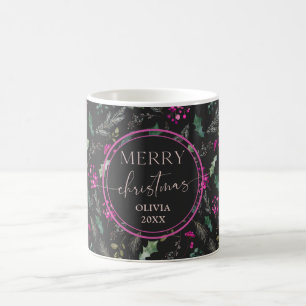 Black & Pink Whimsical Foliage Merry Christmas Mug
