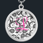 Black, Pink, White Damask Bridesmaid Pendant<br><div class="desc">This stylish black and white damask monogrammed necklace would be a special memento for all the ladies in your wedding party. Change the monogram to the ones you need. Email niteowlstudio@gmail.com if you need any help personalising this the way you want. The matching wedding invitation is shown below.</div>