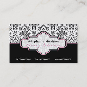 Black pink white damask interiors business card