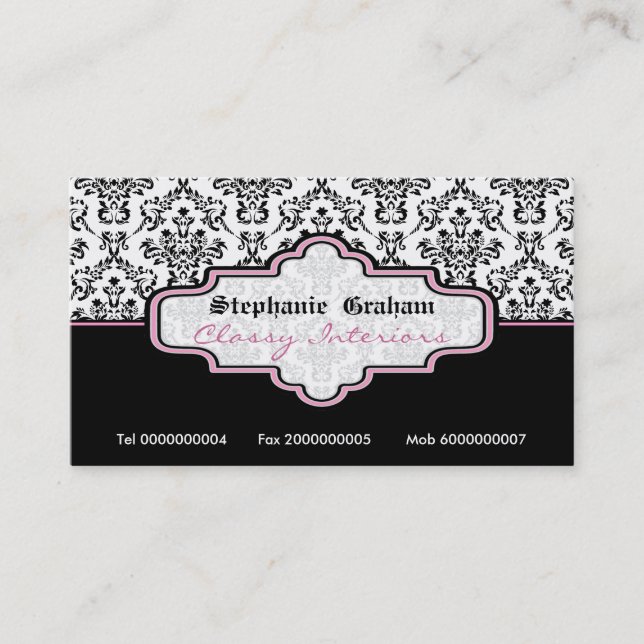 Black pink white damask interiors business card (Front)