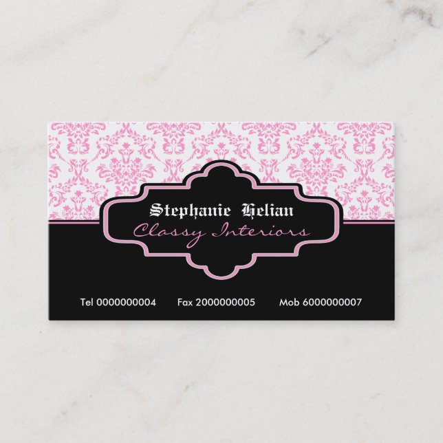 Black pink white damask interiors business cards (Front)