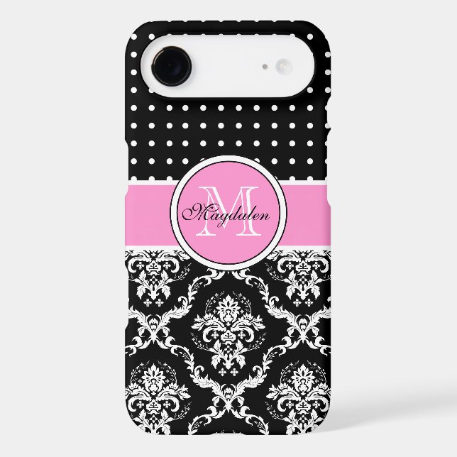 Black Pink & White Damask & PolkaDot Pattern Case-Mate iPhone Case (Back)