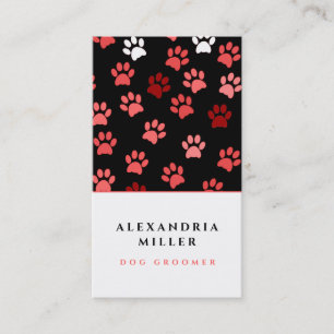 Black Pink & White Dog Paw Prints   Dog Groomer Business Card