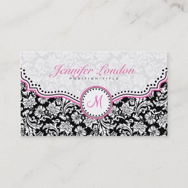 Black Pink & White Elegant Floral Damasks 2 Business Card (Front)