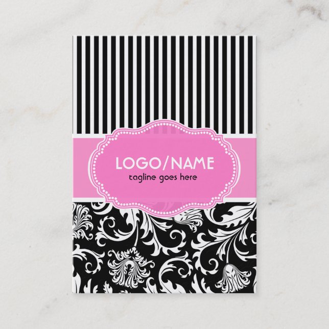 Black Pink & White Floral Damasks 2-Customised Business Card (Front)