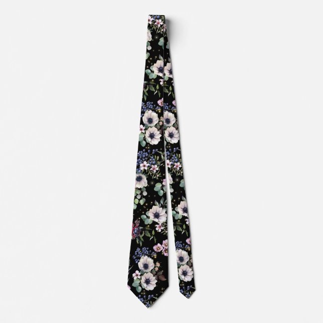 Black Pink White Green Moody Floral Neck Tie (Front)