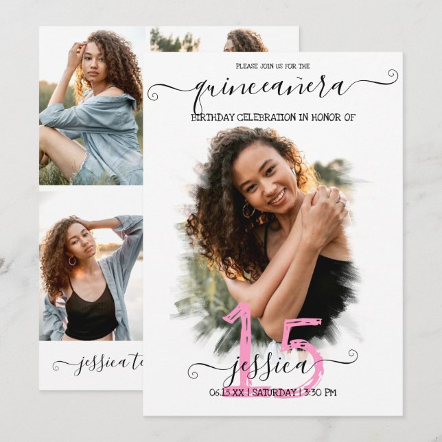 Black Pink White Halo Photo Collage Quinceañera Invitation (Front/Back)
