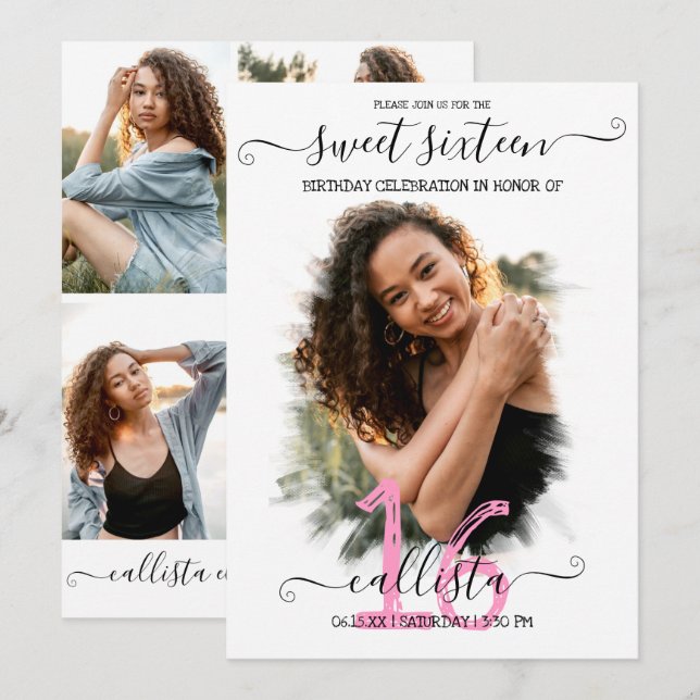 Black Pink White Halo Photo Collage Sweet 16 Invitation (Front/Back)
