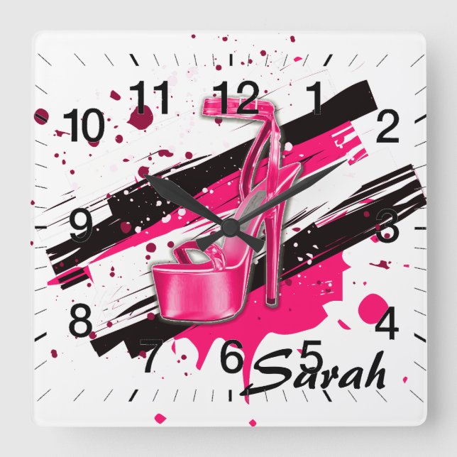 Black, Pink & White Hot High Heels Square Wall Clock (Front)