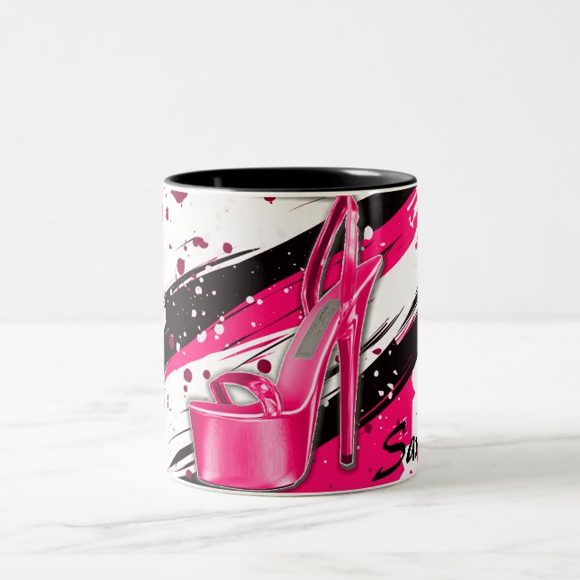 Black, Pink & White Hot High Heels Two-Tone Coffee Mug (Center)