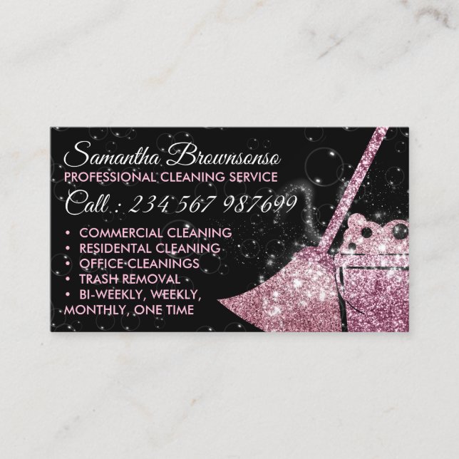 Black Pink White Luxury Cleaning Maid Janitorial Business Card (Front)