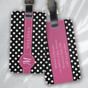 Black Pink White Monogram Polka Dots Luggage Tag