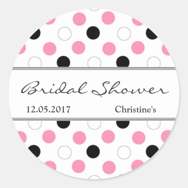 Black, pink, white polka dot Bridal Shower Sticker (Front)