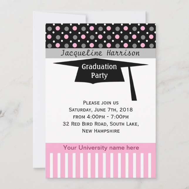 Black, pink, white polka dot, mortar Graduation Invitation (Front)