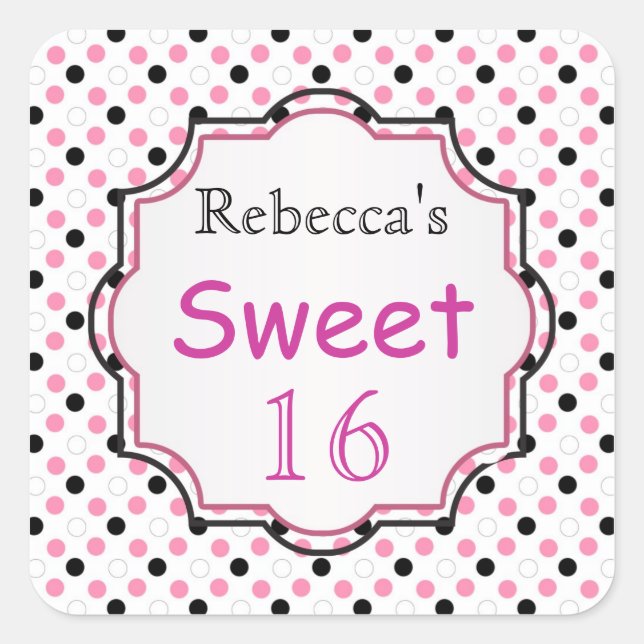Black, pink, white polka dot Sweet 16 Sticker (Front)