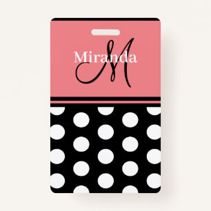 Black Pink White Polka Dots Monogram Script ID Badge