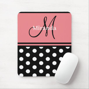 Black Pink White Polka Dots Monogram Script Mouse Mat