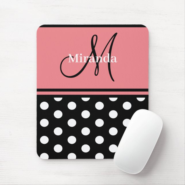 Black Pink White Polka Dots Monogram Script Mouse Mat (With Mouse)