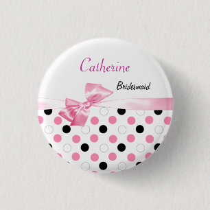 Black, pink, white polka dots Wedding Bridesmaid 3 Cm Round Badge