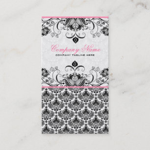 Black Pink & White Retro Floral Damasks Pattern Business Card