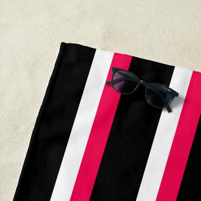 Black Pink White Striped Beach Towel (In Situ)