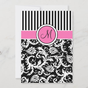 Black Pink White Striped Damask Wedding Invite
